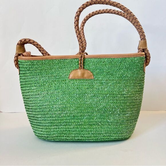 VTG Donna Dixon Kelly Green Braided Handle Raffia Woven Shoulder Bag Purse - Picture 8 of 15